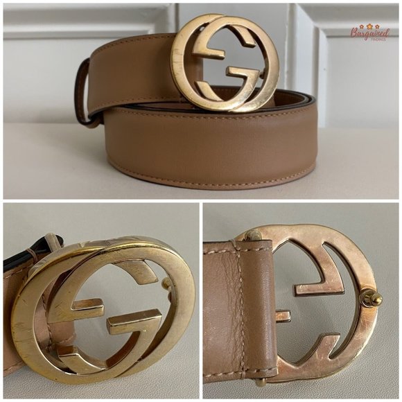 Authentic Gucci Beige Calfskin Leather Gold Interlocking G Buckle Belt 95/38 - Picture 2 of 13